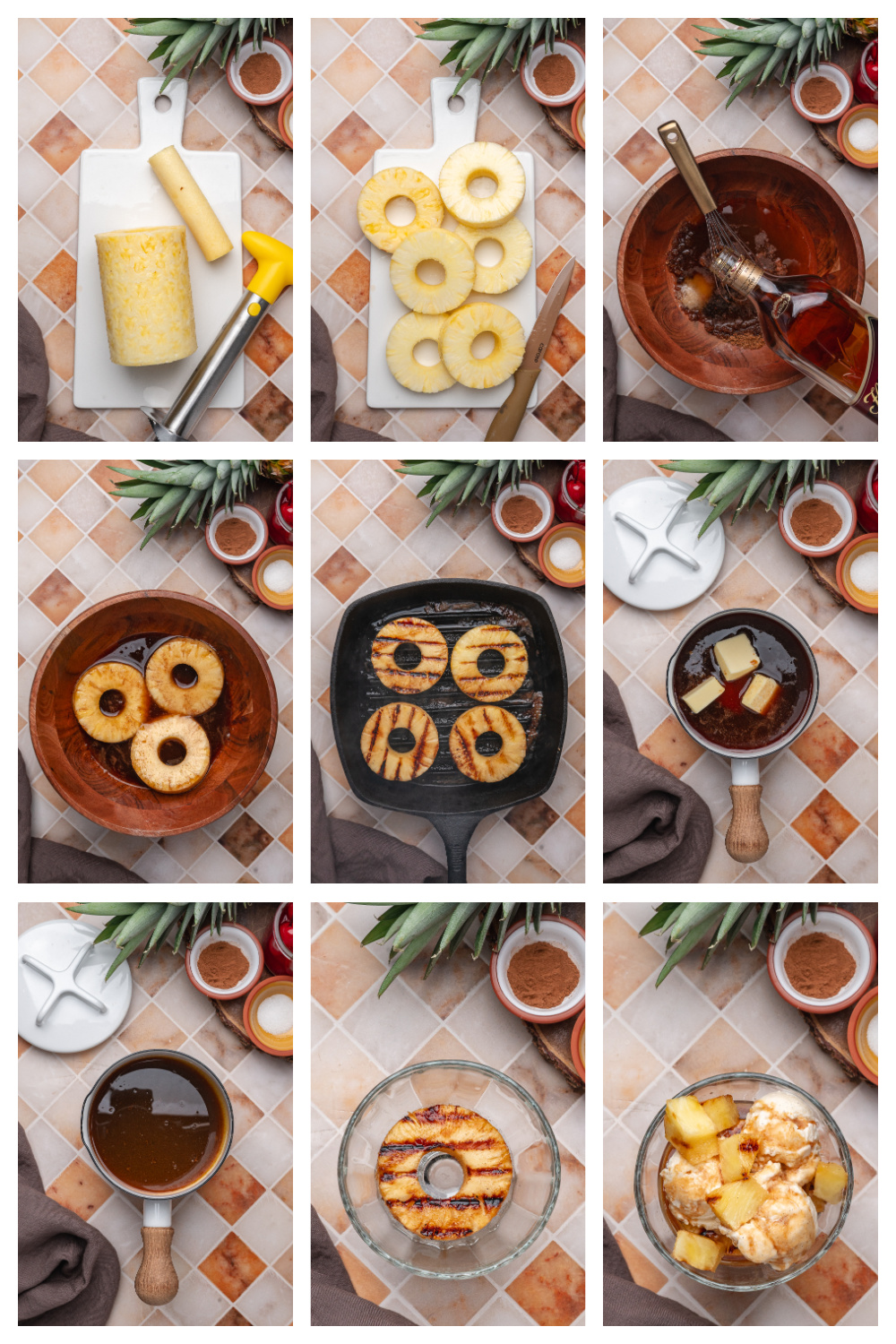 How to Make a Grilled Pineapple Sundae Step by step process for making a grilled pineapple sundae with rum sauce, from slicing pineapple to grilling and assembling