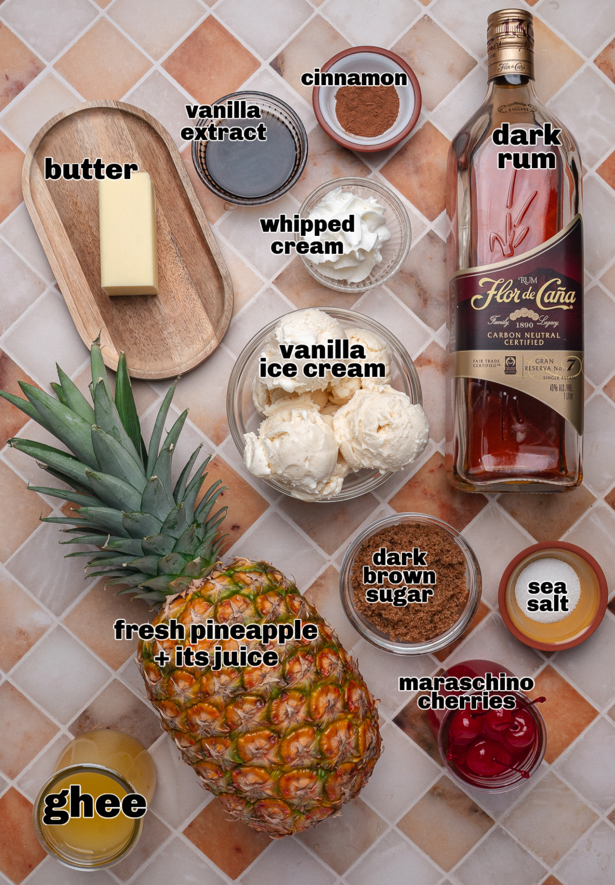 Grilled Pineapple Sundae Ingredients Ingredients for a grilled pineapple sundae including fresh pineapple, dark rum, brown sugar, butter, ghee, vanilla ice cream, and whipped cream