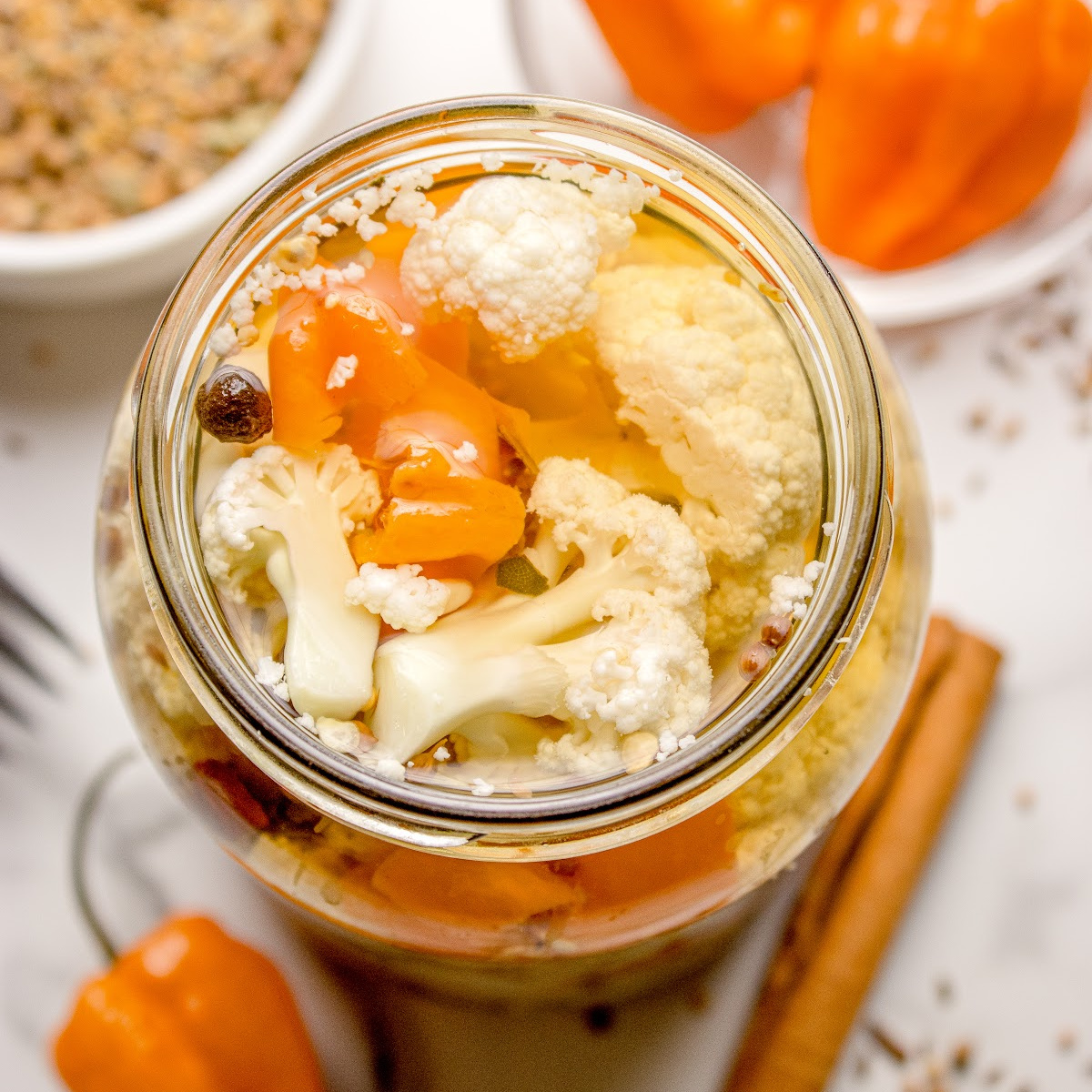 Hot Pickled Cauliflower with spicy vinegar brine and fresh cauliflower florets