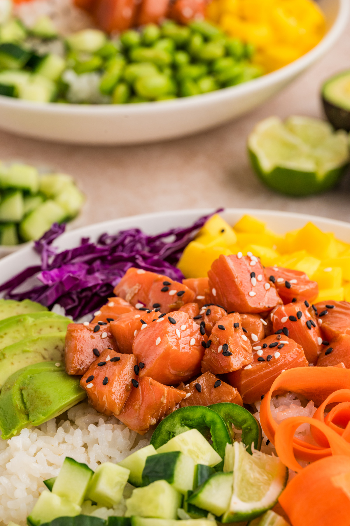 Close-up of marinated raw salmon over sushi rice with avocado, mango, cucumber, and shredded cabbage