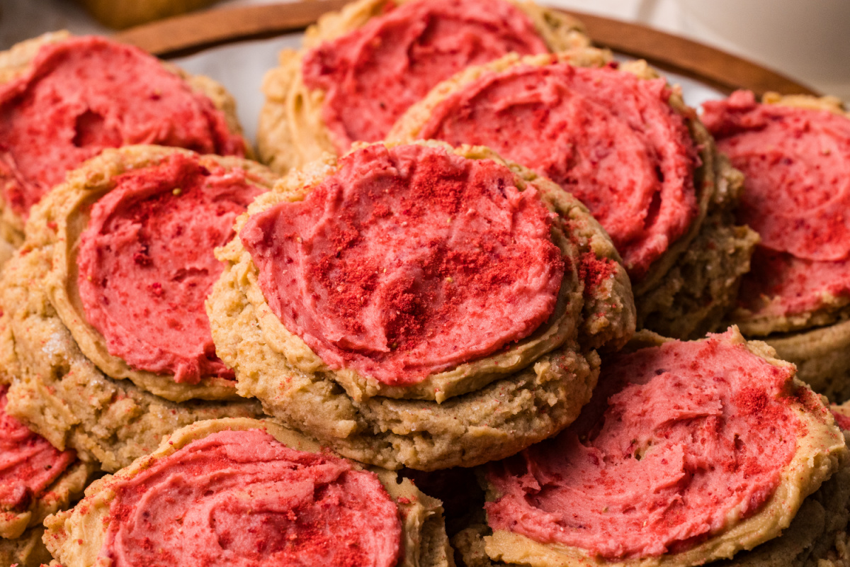 Biscoff Butter Cookies Close Up close up of Biscoff butter cookies with strawberry frosting