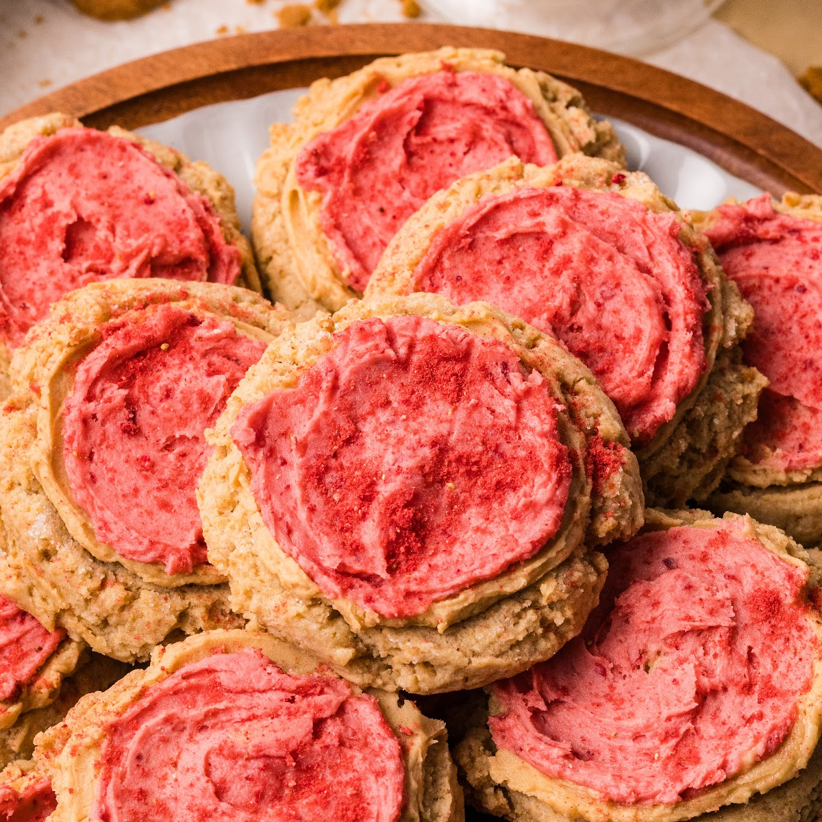 Biscoff butter cookies with strawberry frosting close up