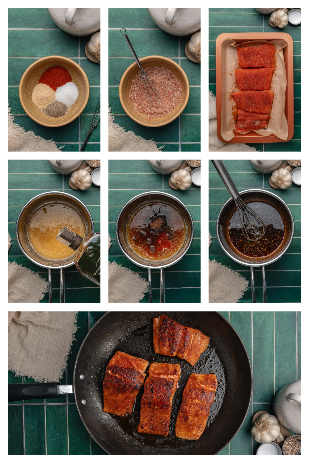 Step by Step Bourbon Salmon Recipe Process step by step process showing seasoning salmon, making bourbon glaze, and pan searing in skillet