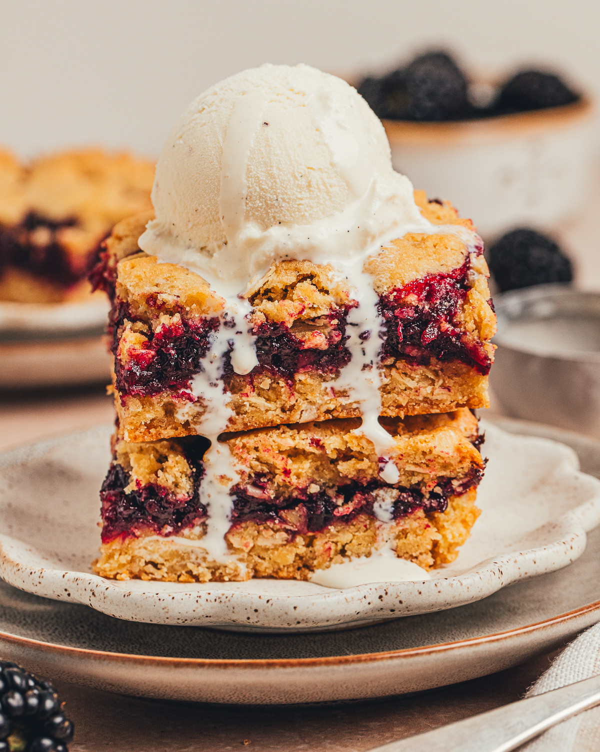 Blackberry crumble bars served warm with vanilla ice cream blackberry crumble bars topped with vanilla ice cream and blackberry filling