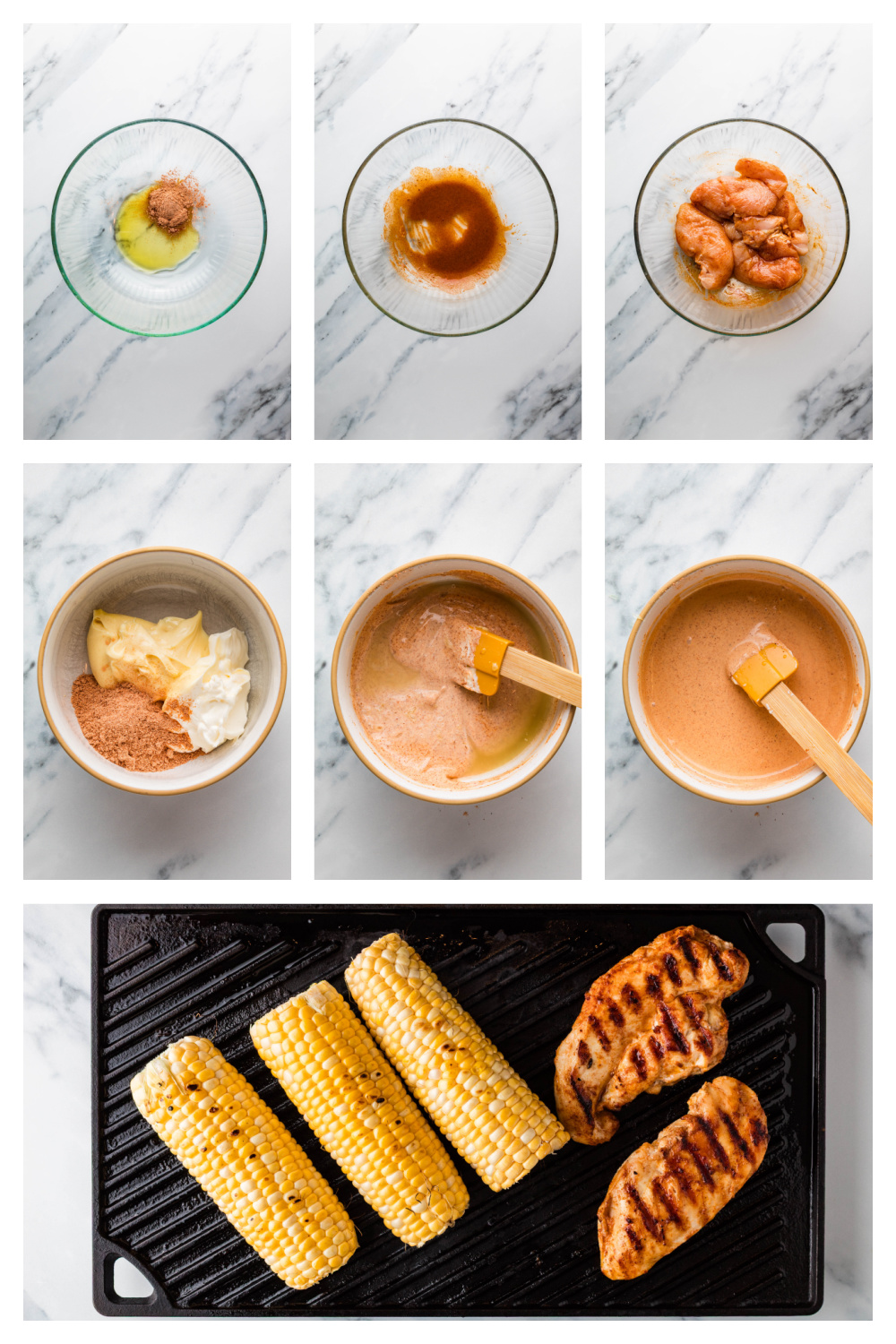 how to make chicken rice bowls with grilled corn and crema steps for making grilled chicken rice bowls including marinating chicken, grilling corn, slicing chicken, and assembling bowls