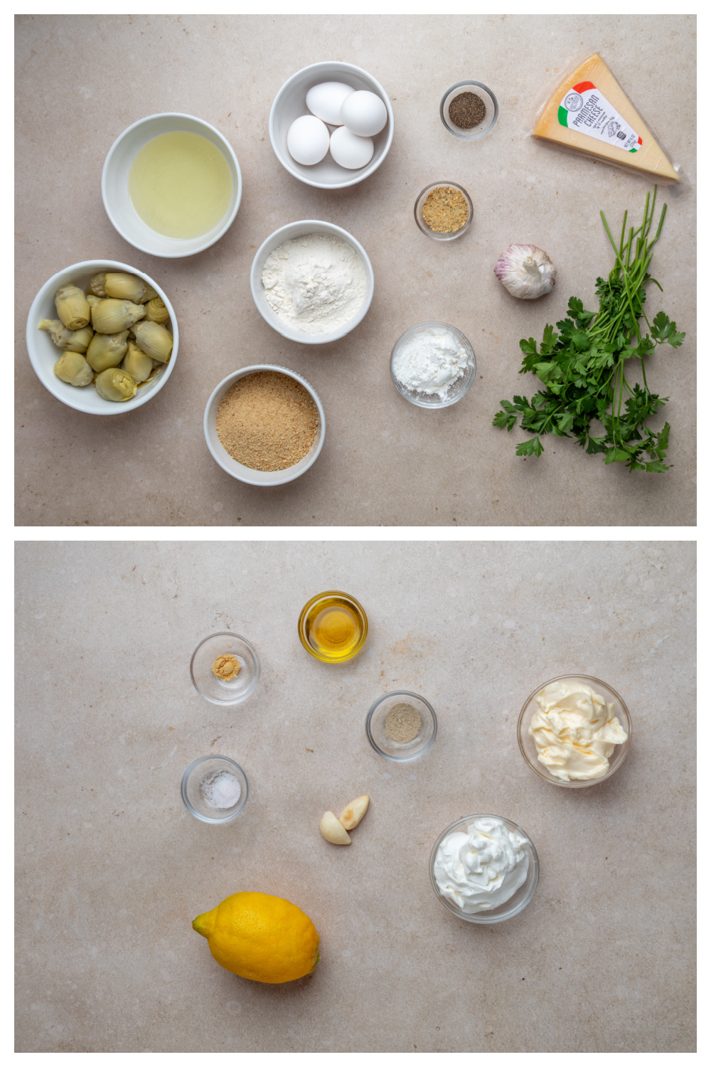 Ingredients for breaded artichokes with Parmesan and garlic before frying Ingredients for crispy fried artichoke hearts including canned artichokes, eggs, flour, breadcrumbs, Parmesan, and garlic
