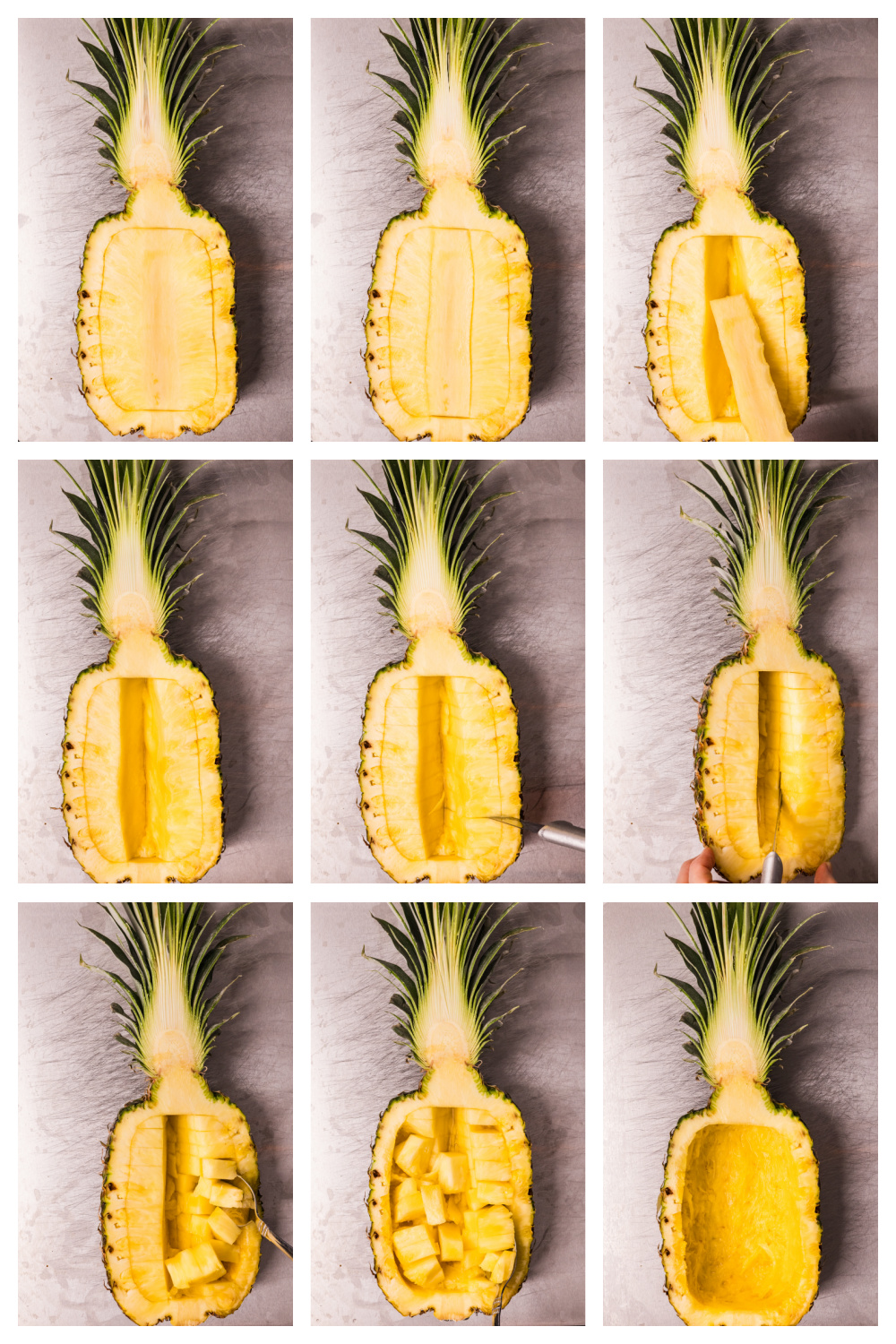 how to cut a pineapple bowl for pineapple chicken and rice step by step