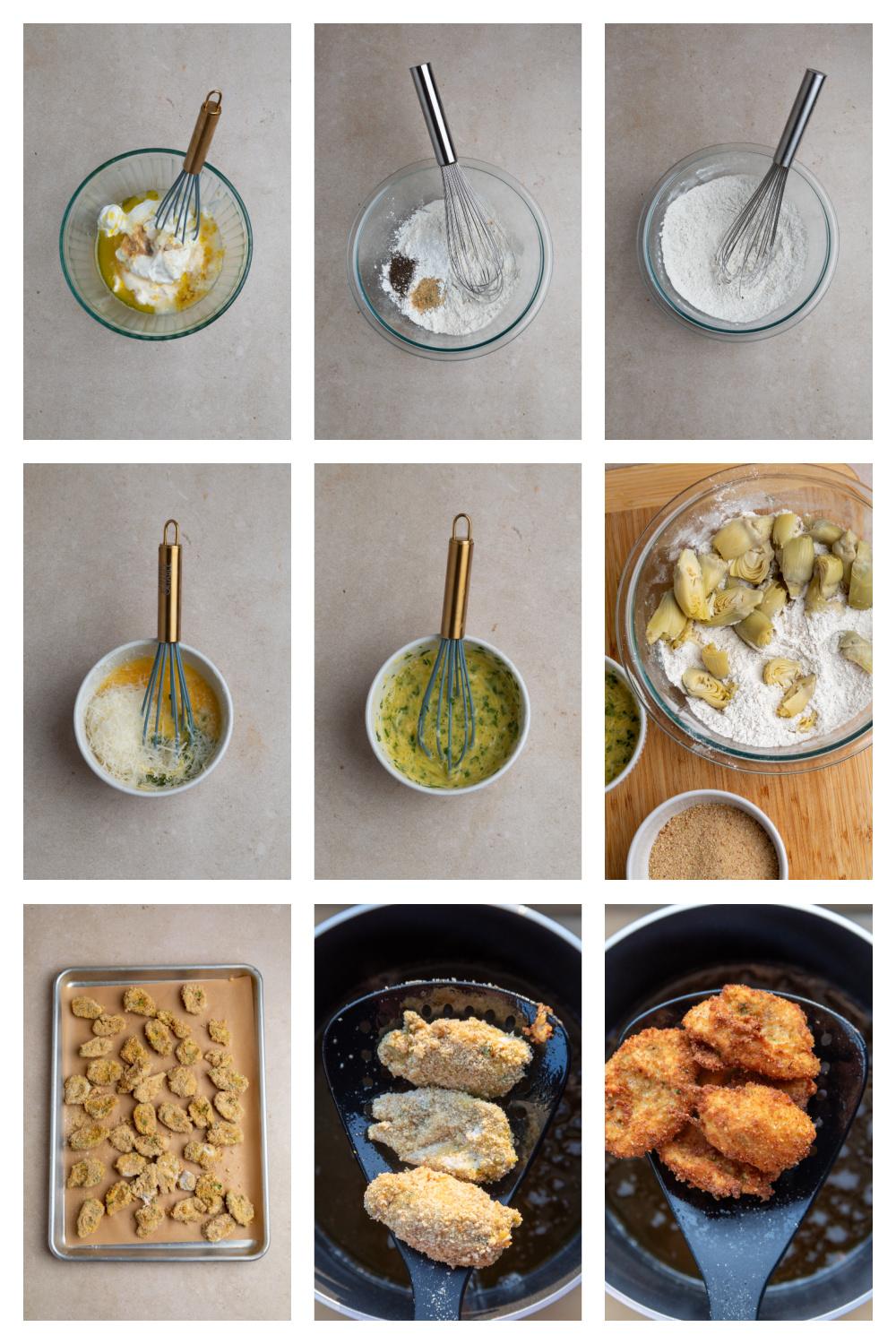 How to bread and fry artichoke hearts step by step for a crispy coating Steps for making crispy fried artichoke hearts showing dredging, egg coating, breadcrumb coating, and frying