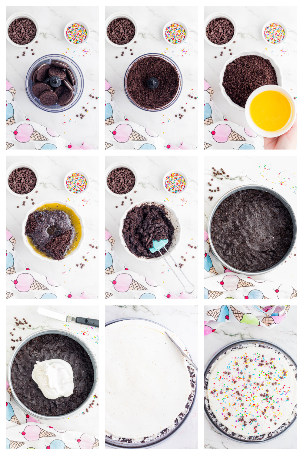 How to Make Ice Cream Pizza Step by Step steps for making ice cream pizza including Oreo crust, spreading ice cream, freezing, and adding toppings