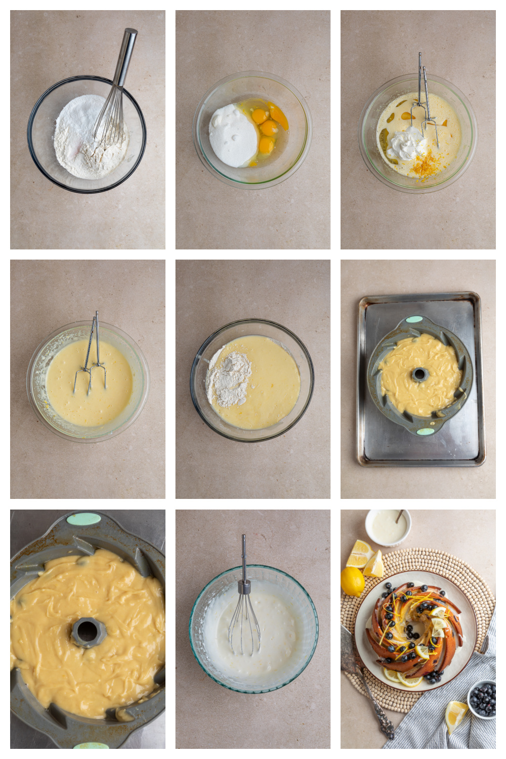 process of making lemon blueberry bundt cake from mixing to layering steps for making lemon blueberry bundt cake showing batter mixing, layering blueberries, and filling a bundt pan