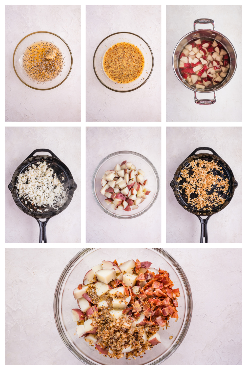 process collage showing boiling potatoes, cooking bacon, sautéing onions, whisking mustard dressing, and tossing everything together