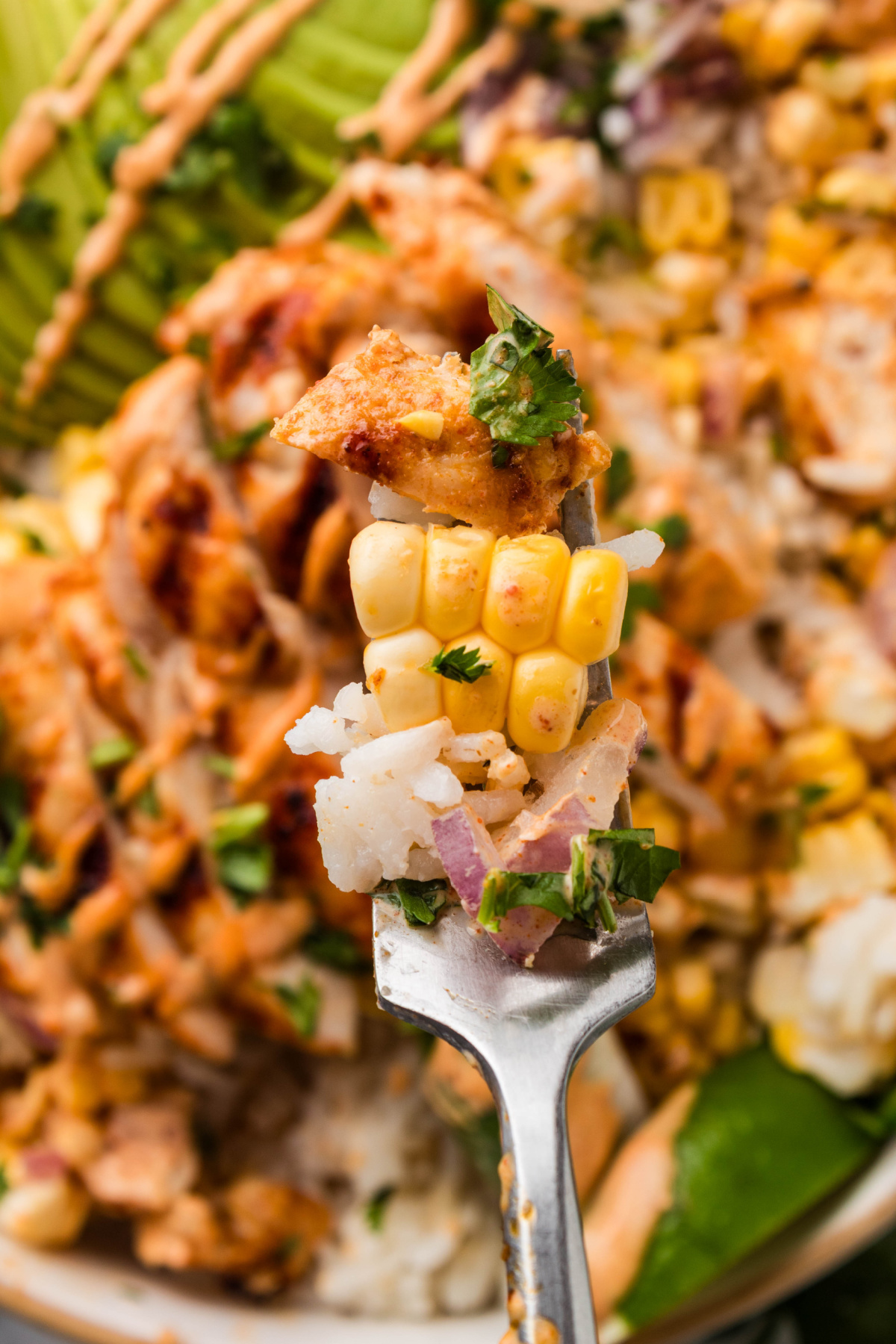 bite of chicken rice bowl with corn and lime crema forkful of street corn chicken rice bowls with grilled chicken, charred corn, rice, and creamy elote-style sauce