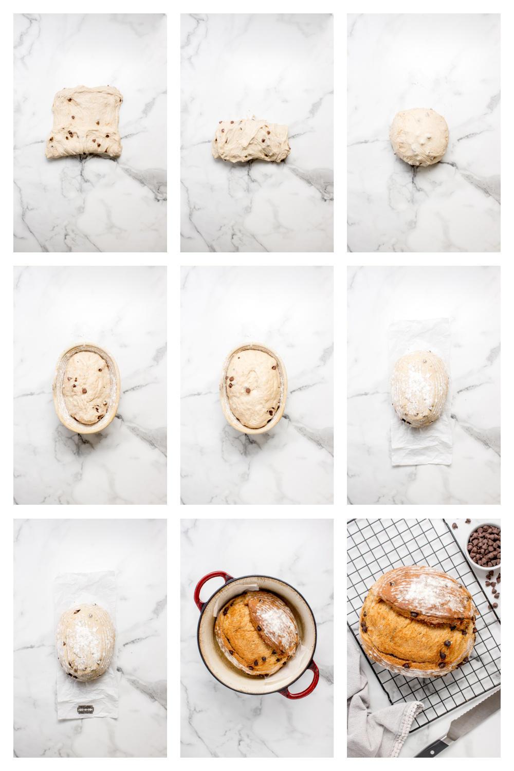 dough after rising, shaping, and scoring before going into the oven Chocolate Chip Artisan Bread process collage showing dough after first rise, shaping, and scoring before baking