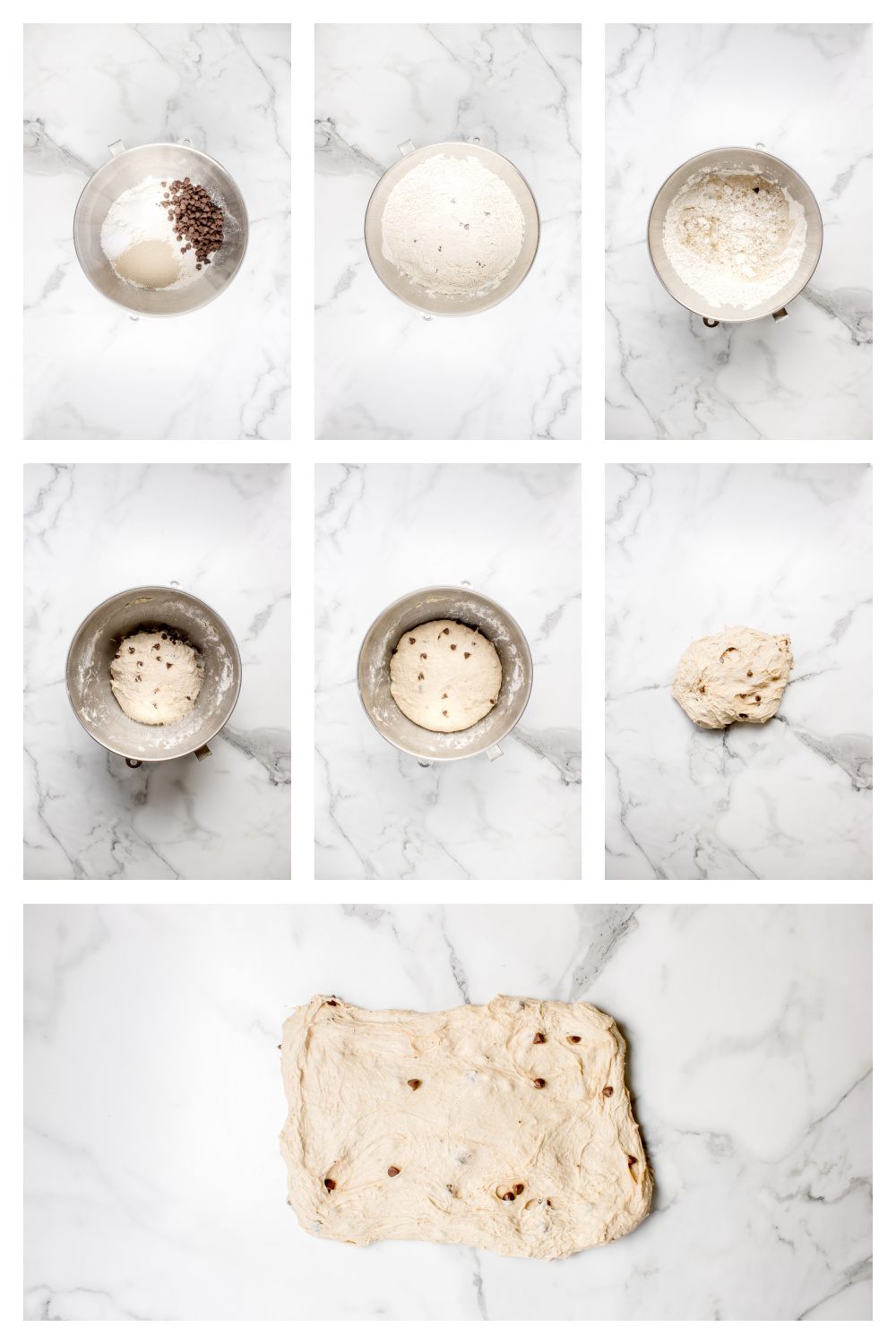 steps showing the dough from mixing through shaping before baking Chocolate Chip Artisan Bread process showing mixing, shaping, and dough ready to bake
