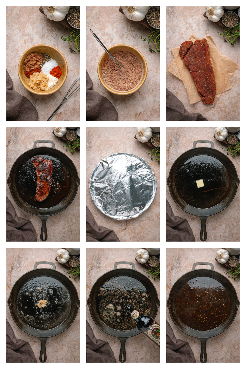 Steps for making cocoa rubbed steak with dark stout pan sauce. Process collage showing the cocoa spice rub, cast iron sear, stout sauce, and sliced steak.