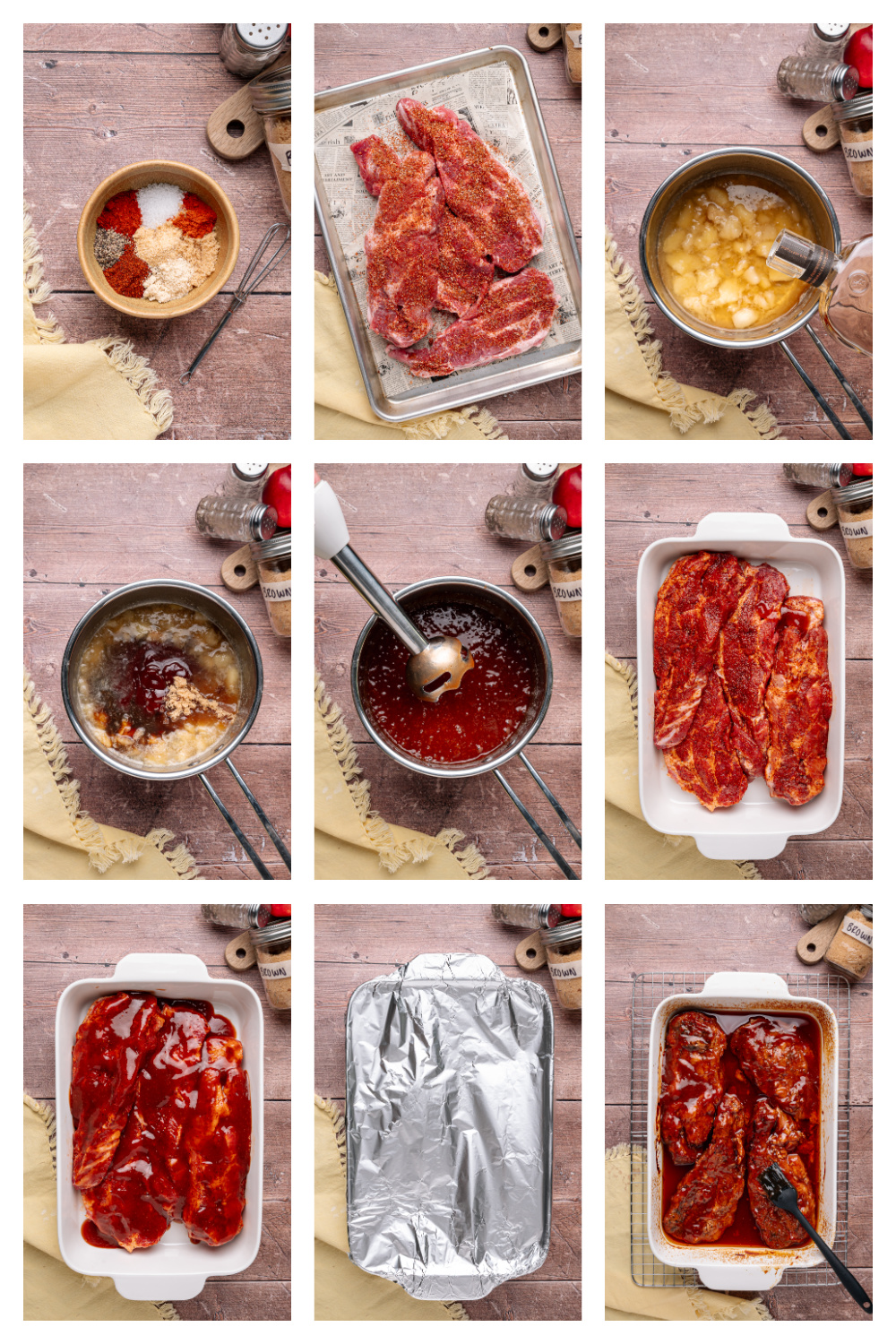 Process collage showing how to make bourbon peach country style ribs from seasoning the meat to glazing and baking