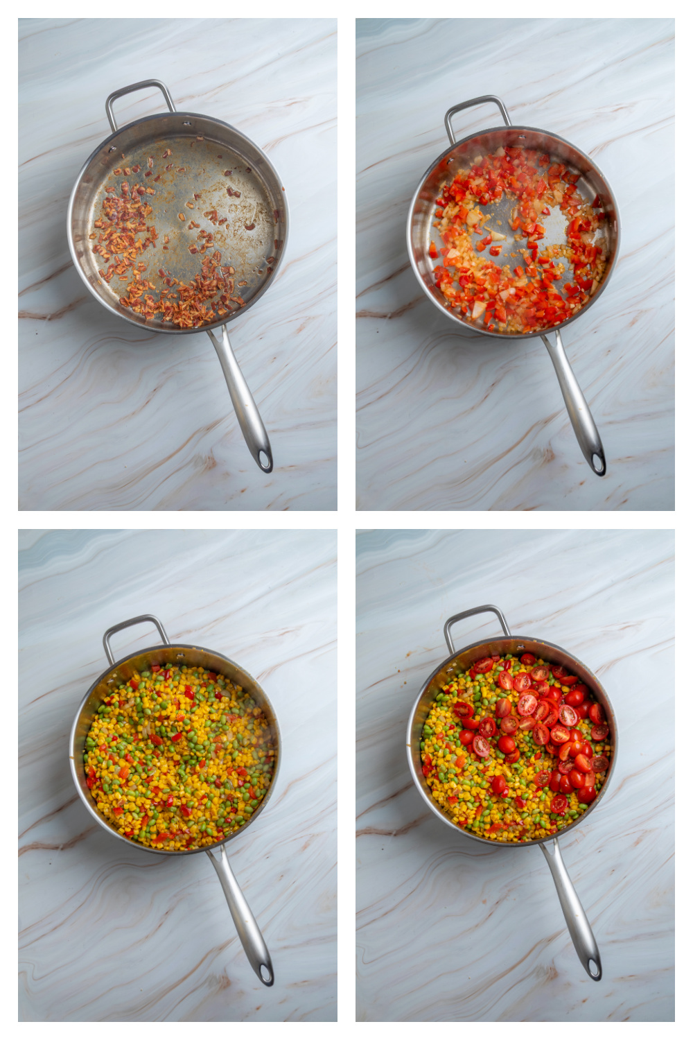 How to make corn succotash step by step Step-by-step process for making corn succotash with edamame, bacon, and vegetables