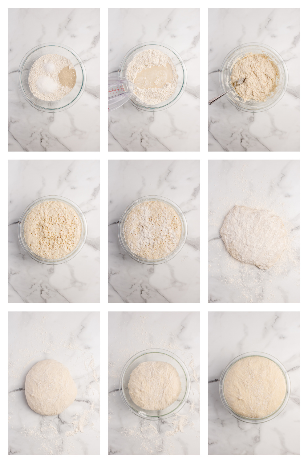 How to Make No-Knead Peasant Bread Process collage showing how to make no-knead peasant bread from mixing through baking