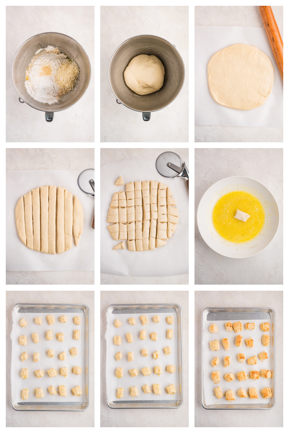 Process collage showing dough for Parmesan bread bites being mixed, cut into squares, dipped in garlic butter, and baked