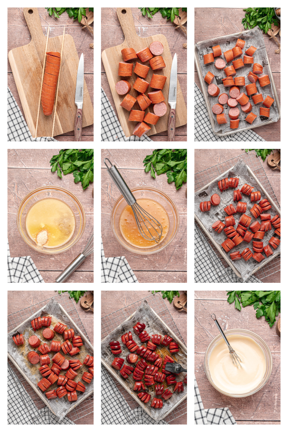 Step-by-step process for making honey garlic hasselback kielbasa bites.