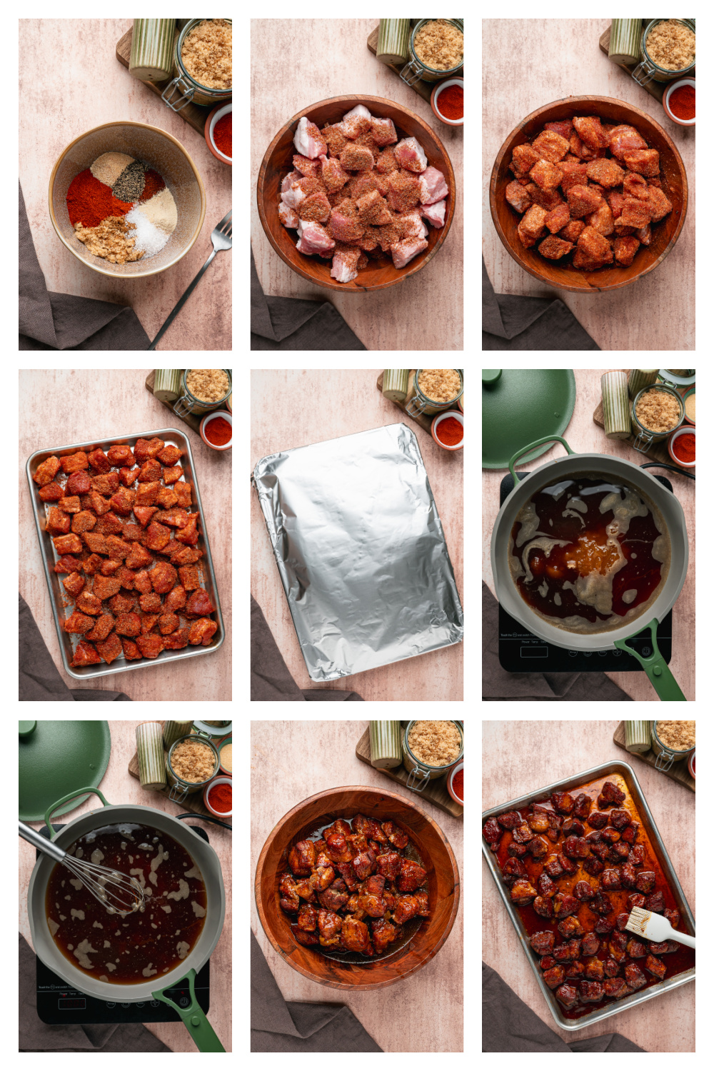 How to make Peach Tea Pork Belly Burnt Ends step by step. Step-by-step collage showing how to make Peach Tea Pork Belly Burnt Ends, from seasoning the pork belly to glazing and caramelizing in the oven.