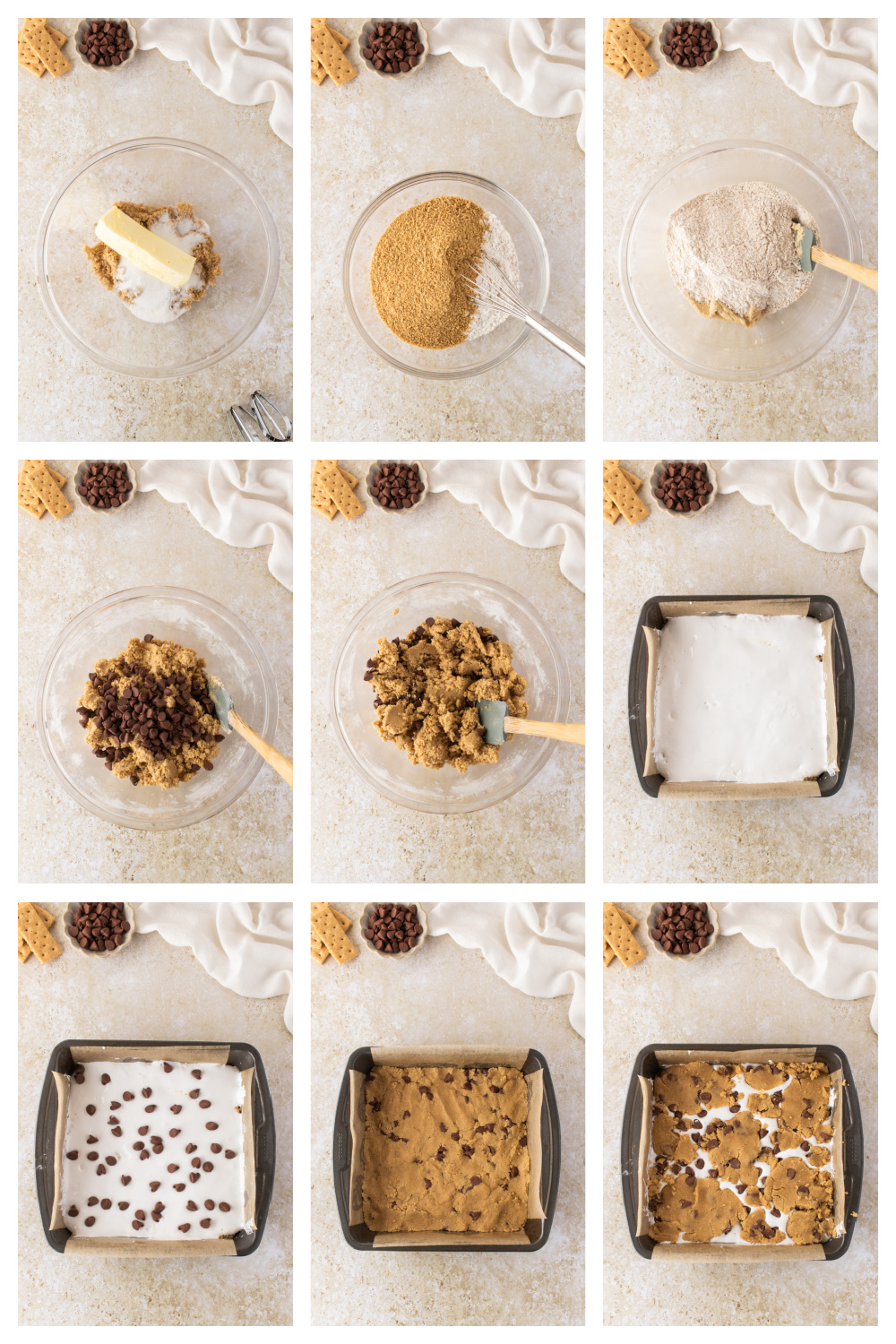 How to Make S'mores Cookie Bars Process collage showing how to make s'mores cookie bars from mixing the graham cookie dough to layering the marshmallow creme and baking.