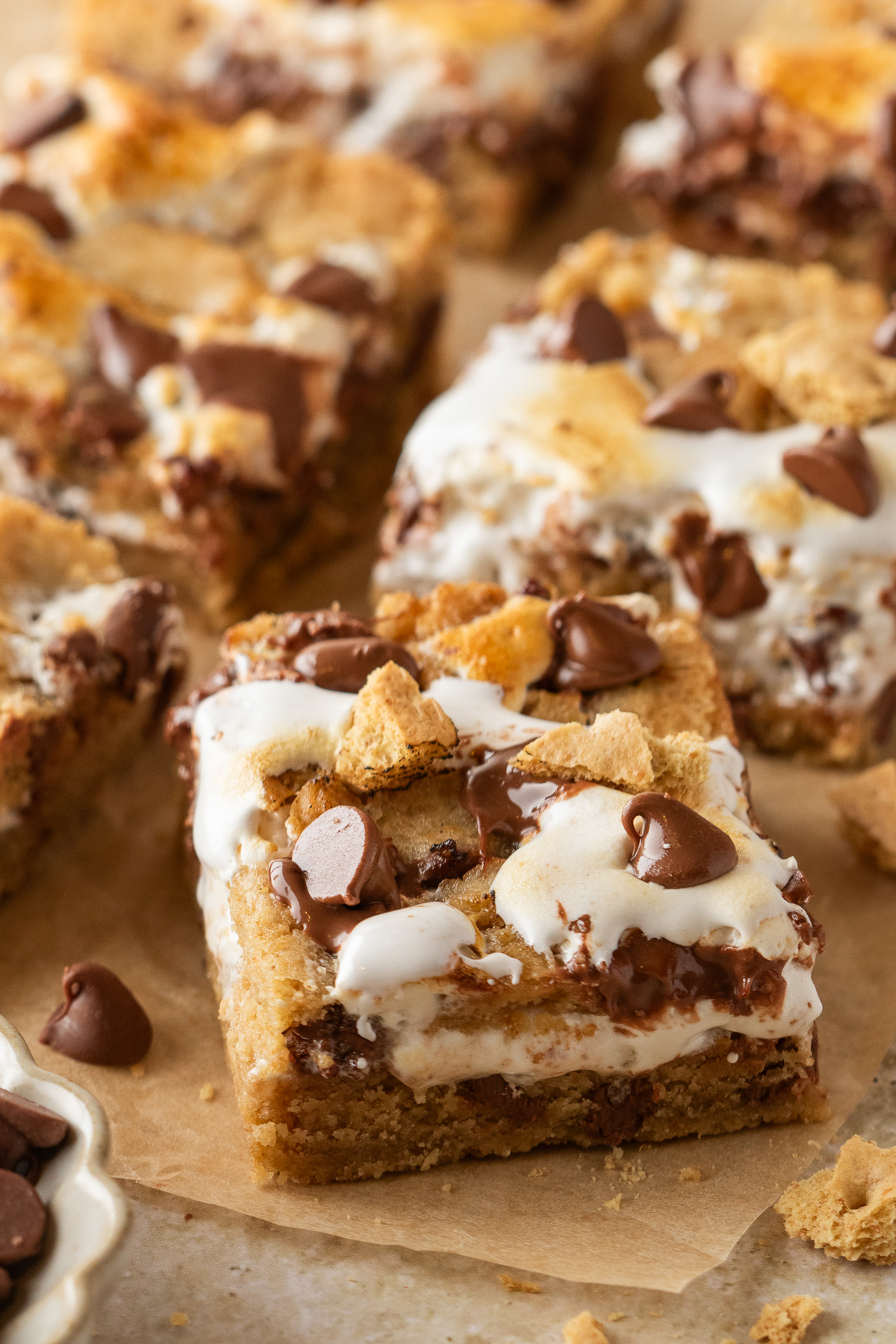 Toasted Marshmallow S'mores Cookie Bars Soft graham cookie s'mores bars with toasted marshmallow creme and melty milk chocolate.
