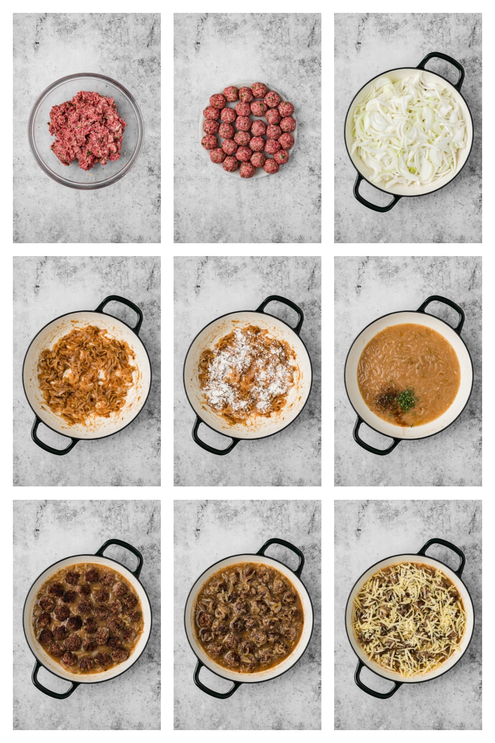 Steps for making French onion meatballs from browning the meatballs and caramelizing onions to adding sauce and Gruyère