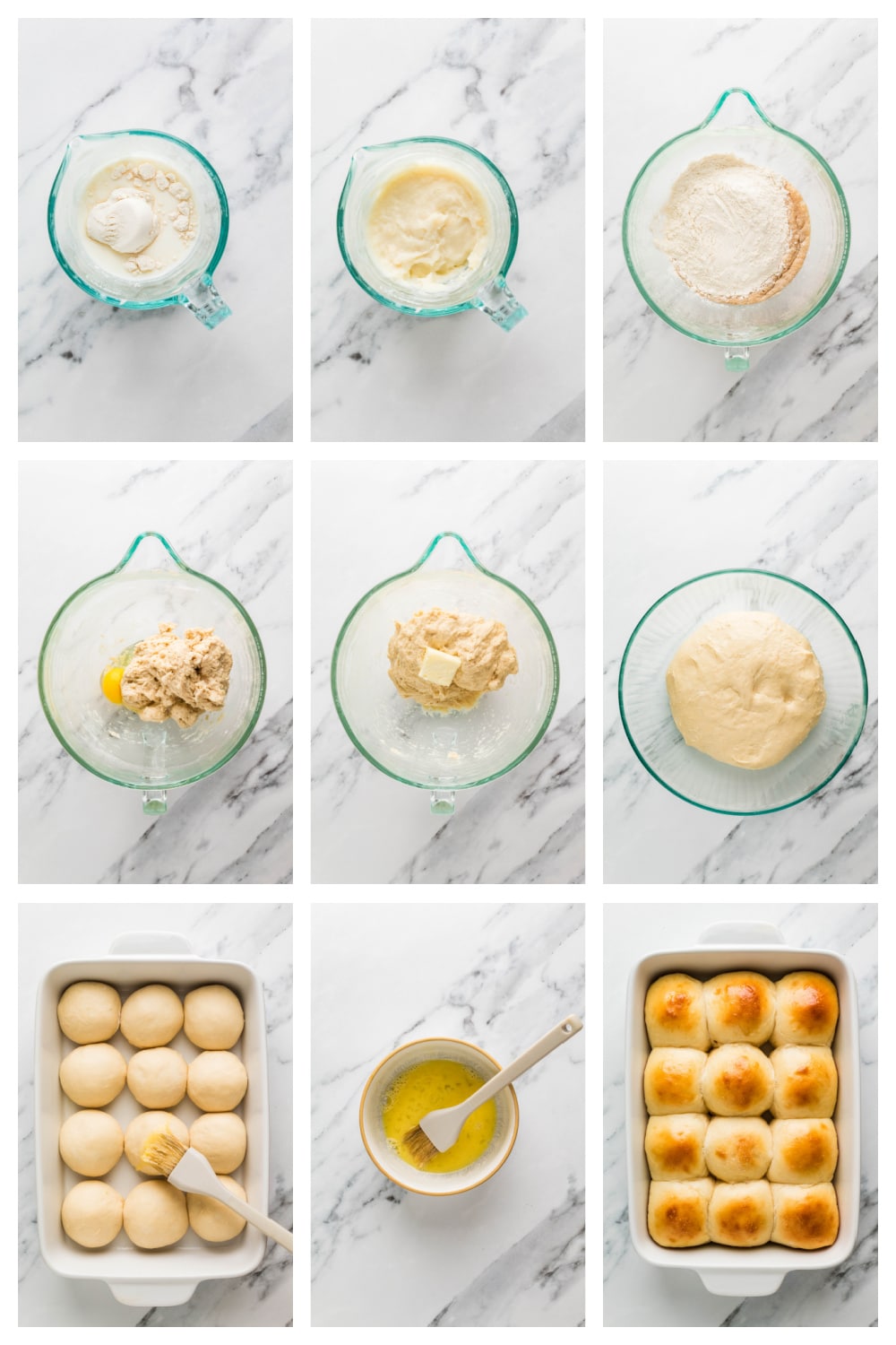 How to make milk bread rolls with tangzhong Step-by-step process for making milk bread rolls with tangzhong, mixing and kneading the dough, shaping the rolls and preparing them to bake.