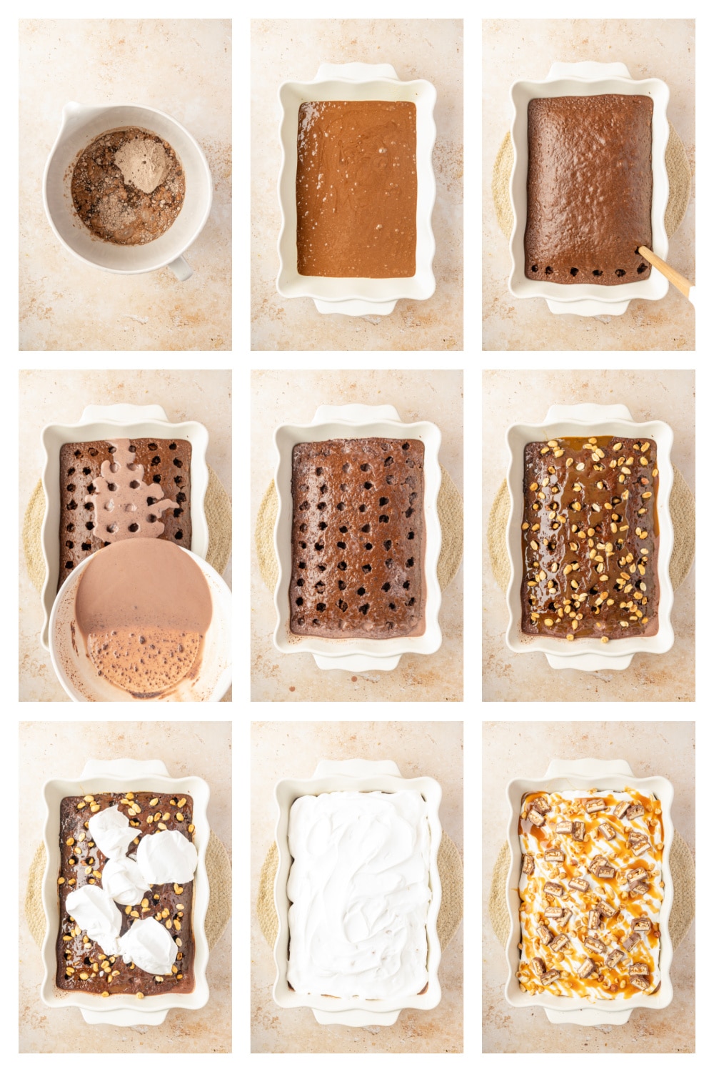 Steps for making Snickers poke cake by poking the chocolate cake, adding pudding, caramel and peanuts, then chilling