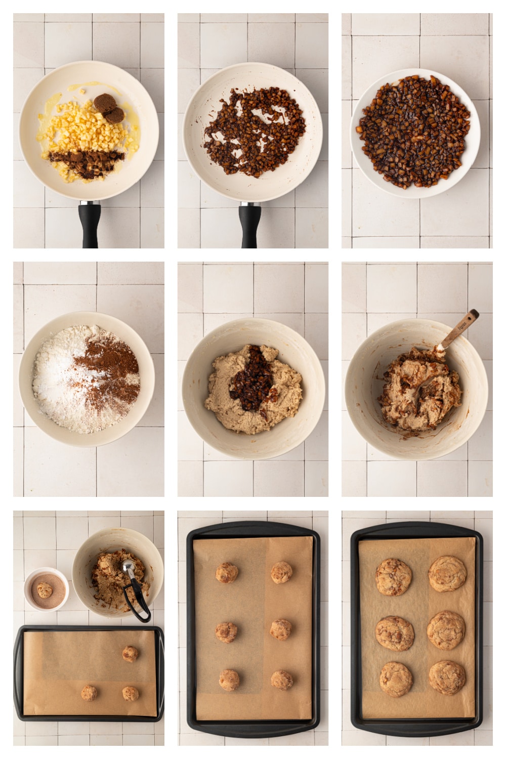 How to make apple snickerdoodles from the cinnamon-spiced apple filling through shaping and coating the cookie dough. Process for making apple snickerdoodles with cooked apples, cookie dough and cinnamon sugar