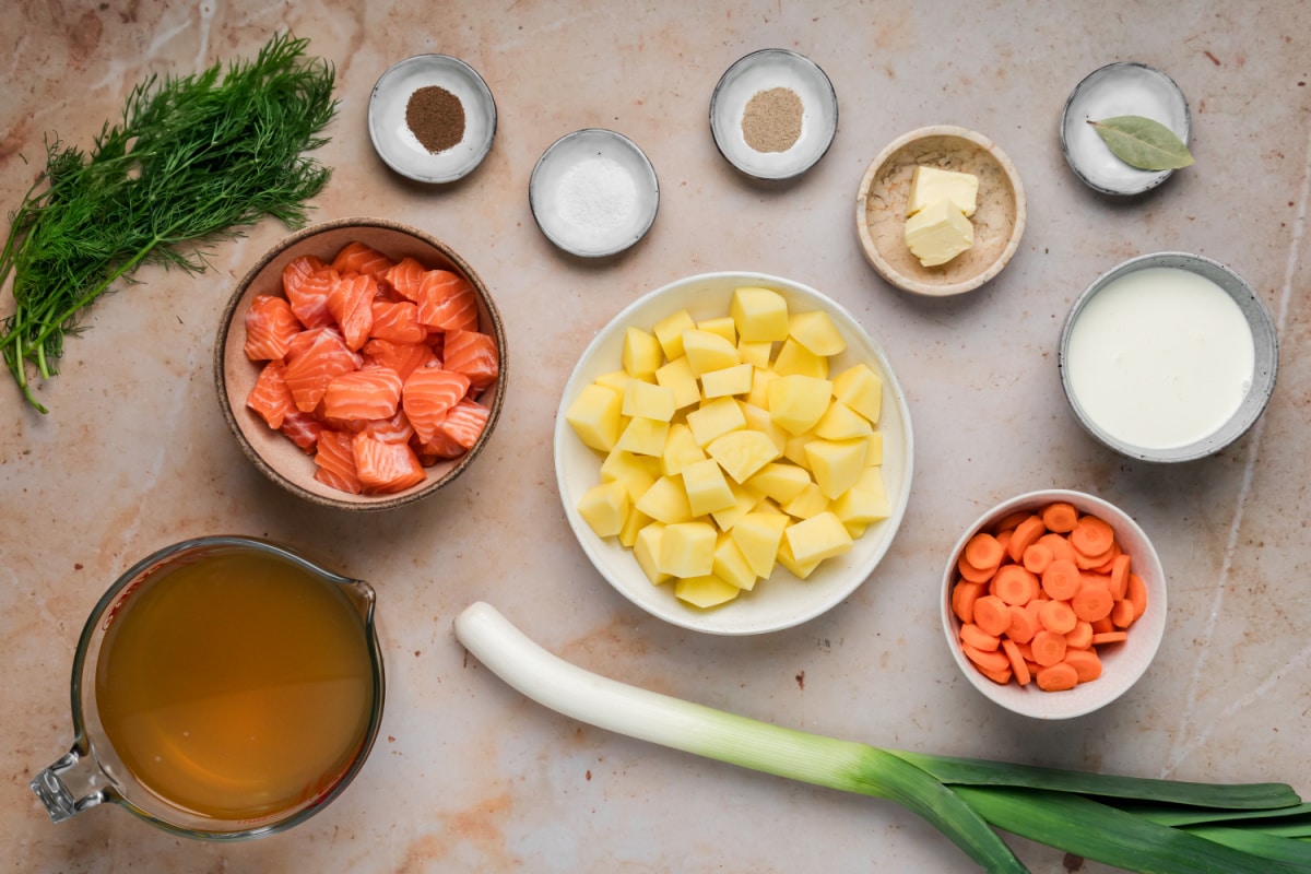 Salmon, potatoes, leeks, carrots, fresh dill, cream and fish stock ready for Finnish salmon soup. Ingredients for Finnish salmon soup including salmon, potatoes, leeks, carrots, dill, heavy cream, fish stock and seasonings.