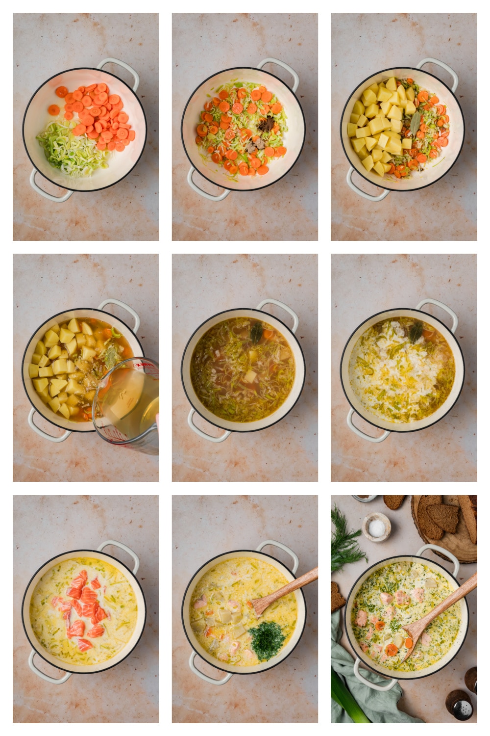 How to make Finnish salmon soup with salmon, potatoes, leeks, cream and dill. Steps for making Finnish salmon soup with leeks, carrots, potatoes, fish stock, cream, salmon and fresh dill.
