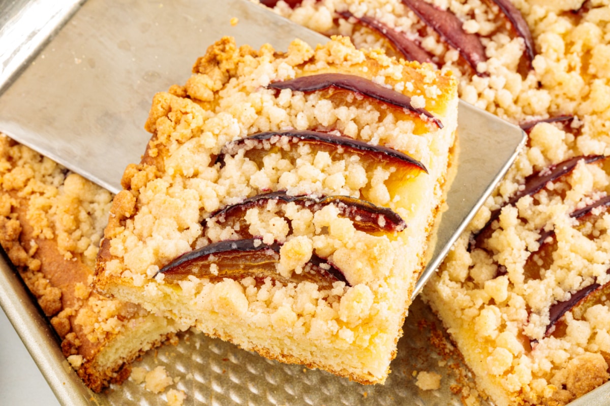 German Plum Cake Slice with Buttery Streusel Slice of German plum cake with streusel showing prune plums over the thin yeasted cake.