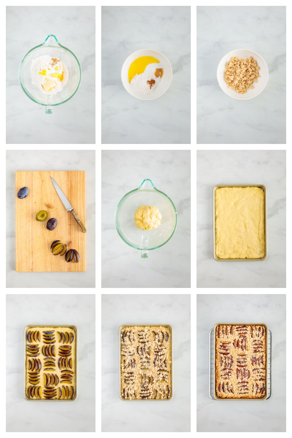 How to Make German Plum Cake with Streusel Steps for making German plum cake with streusel, from the yeasted dough and sliced plums through adding the streusel.
