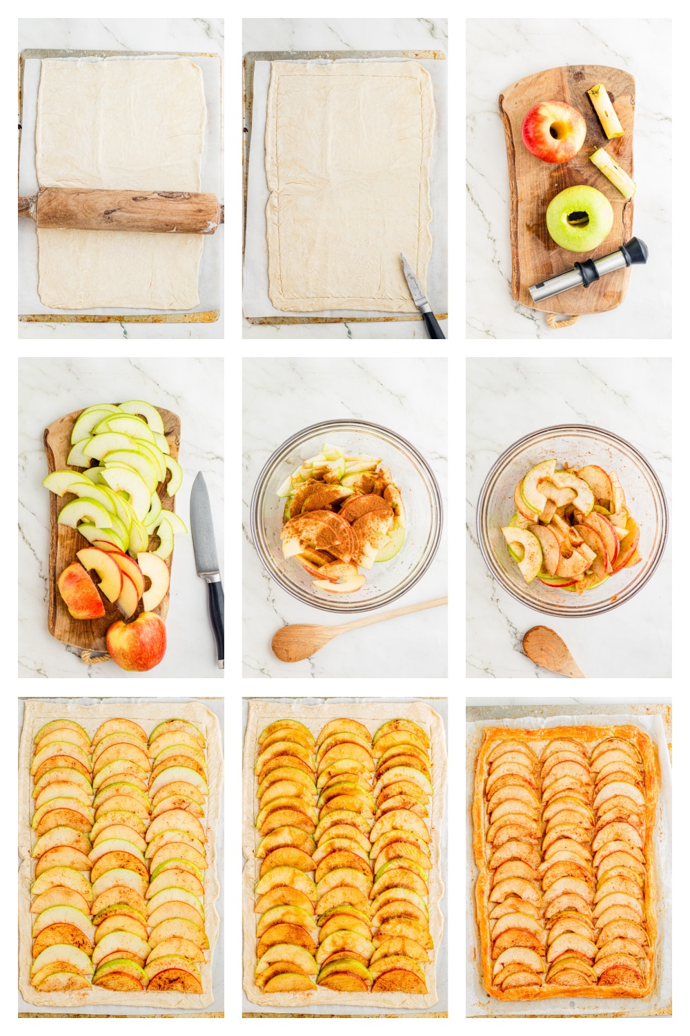 Steps for making puff pastry apple tart with sliced apples arranged over scored pastry