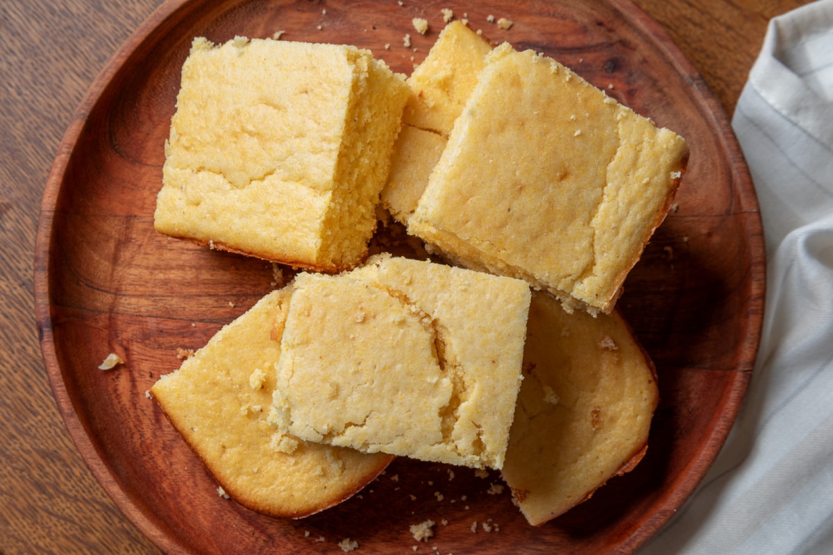 Day-old cornbread works best after it has had time to dry out Day-old cornbread pieces ready to use in a breakfast casserole