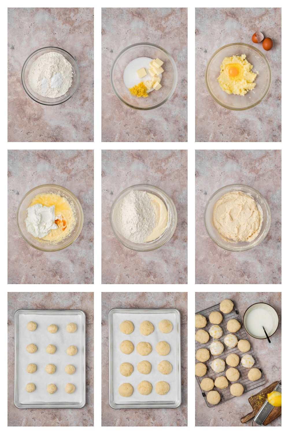 How to Make Lemon Ricotta Cookies Steps for making lemon ricotta cookies from mixing the dough through baking and glazing
