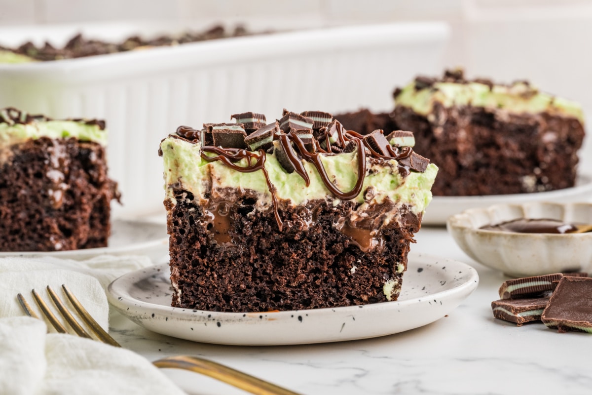 Mint Chocolate Poke Cake with Andes Mints and Hot Fudge Slice of mint chocolate poke cake with hot fudge filling, green whipped cream, chopped Andes mints and chocolate drizzle.