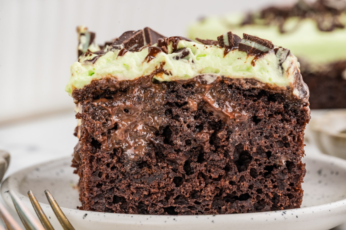 Mint Chocolate Poke Cake with Fudge and Chocolate Pudding Close-up of mint chocolate poke cake showing hot fudge and chocolate pudding absorbed into the cake beneath green mint whipped cream and chopped Andes mints.