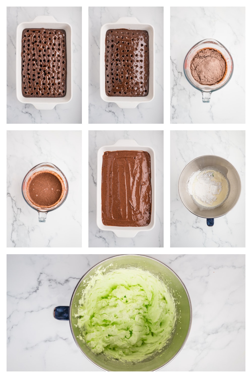 How to Make Mint Chocolate Poke Cake with Hot Fudge Step-by-step process for making mint chocolate poke cake, showing holes poked into the chocolate cake, hot fudge filling and chocolate mint pudding spread over the top.