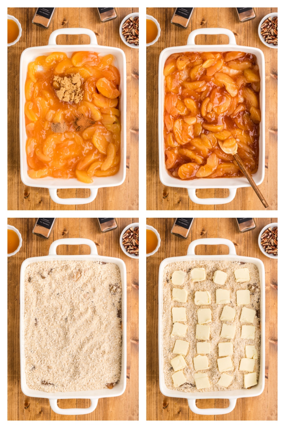 Step-by-step photos showing how to make oatmeal cookie apple crisp dump cake with apple pie filling, dry cookie mix, and sliced butter.