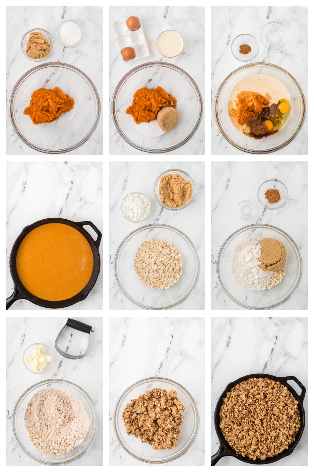Step-by-step photos showing how to make pumpkin crisp with pumpkin custard filling and oat pecan topping.